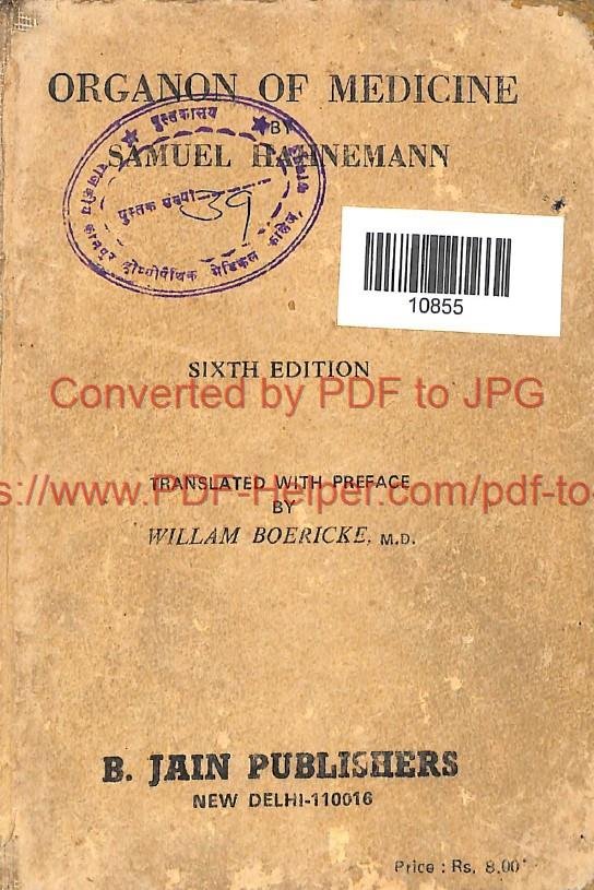 ORGANON OF MEDICINE BY SAMUEL HAHNEMANN SIXTH EDITION